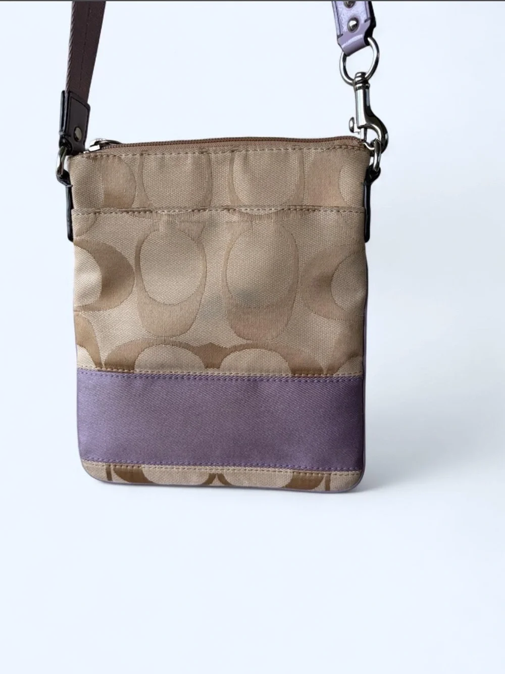 Coach Signature Canvas Crossbody Bag in Tan and Lavender